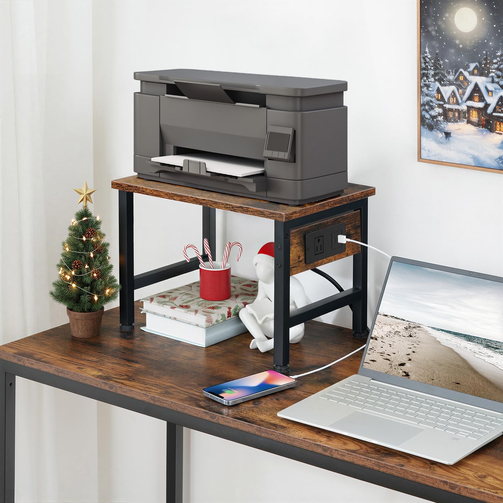 HOOBRO Printer Stand for Desk, 15.7'' x 11'x 11.2'', Rustic Brown + Black