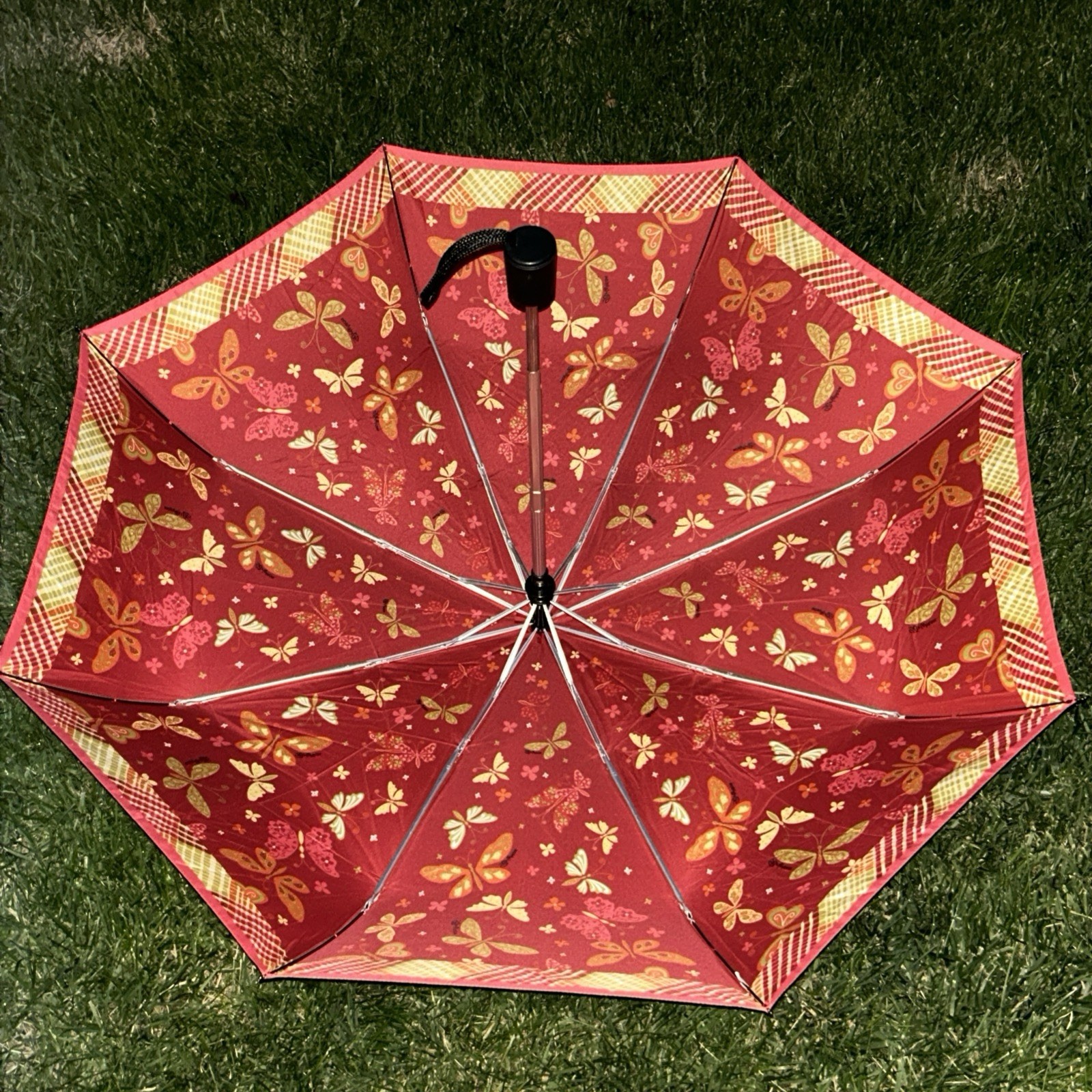 Brighton Butterfly Pattern Travel Umbrella Red Gold Folding Compact Rain Gear