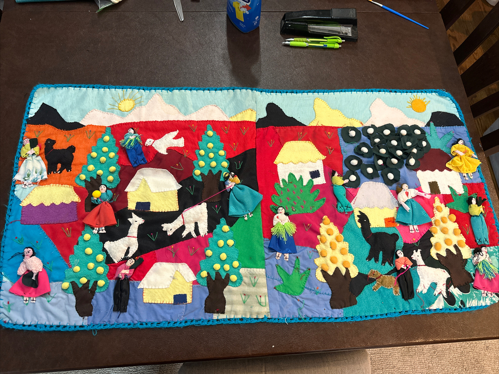 Vintage Peruvian Patchwork 19x37”  3-D Wall Hanging Tapestry Animals + People--