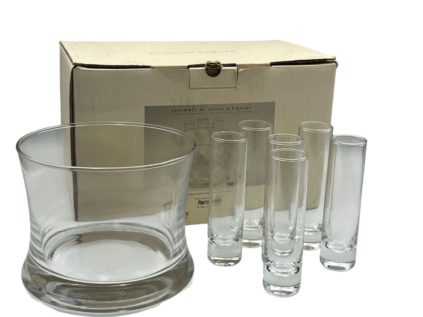 Pier 1 Imports Party Shot Glass & Ice Bucket 7 Piece Set In Original Box READ