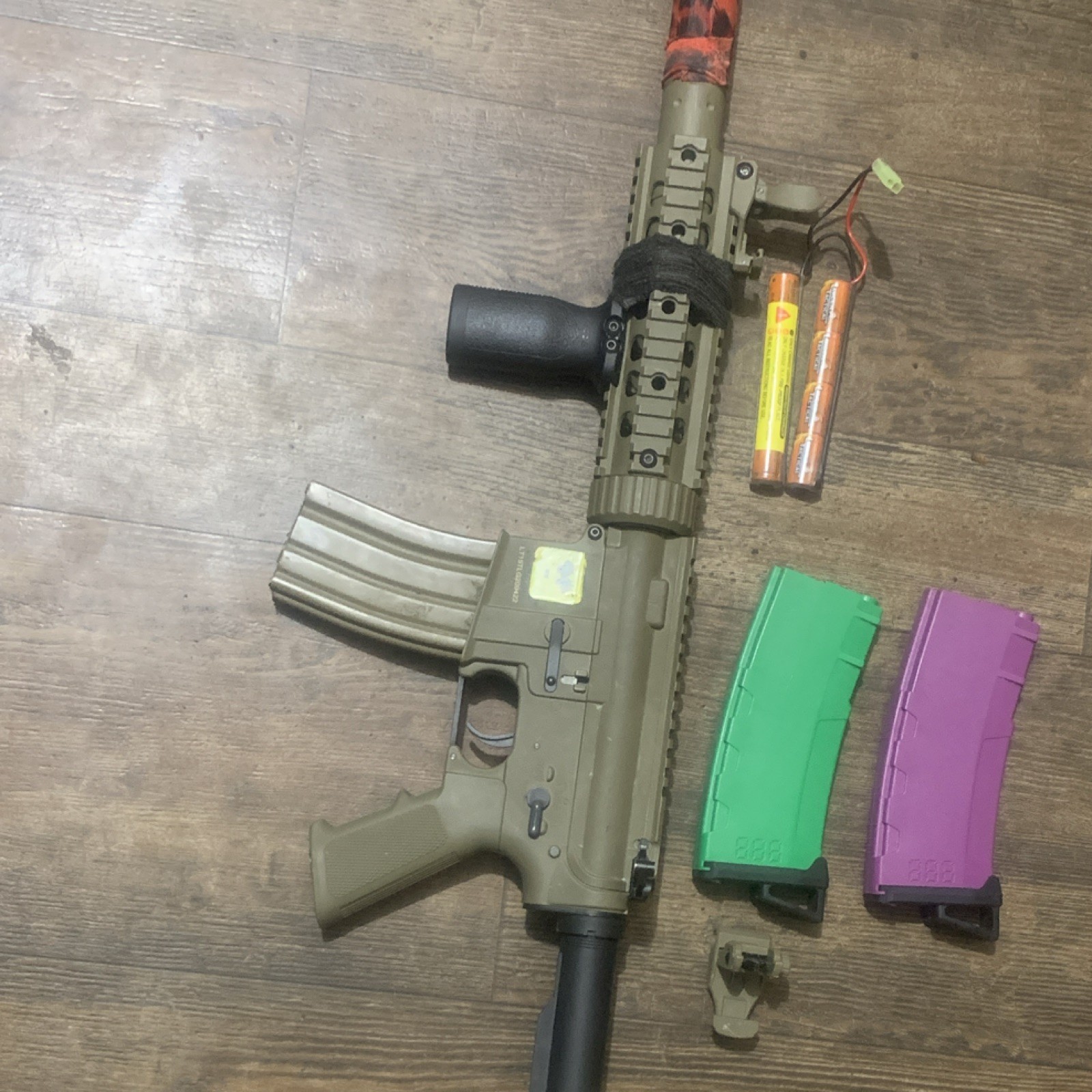 Tan Electric Airsoft Rifle w/ Battery, Extra Mags, Vertical Grip, Adj. Stock