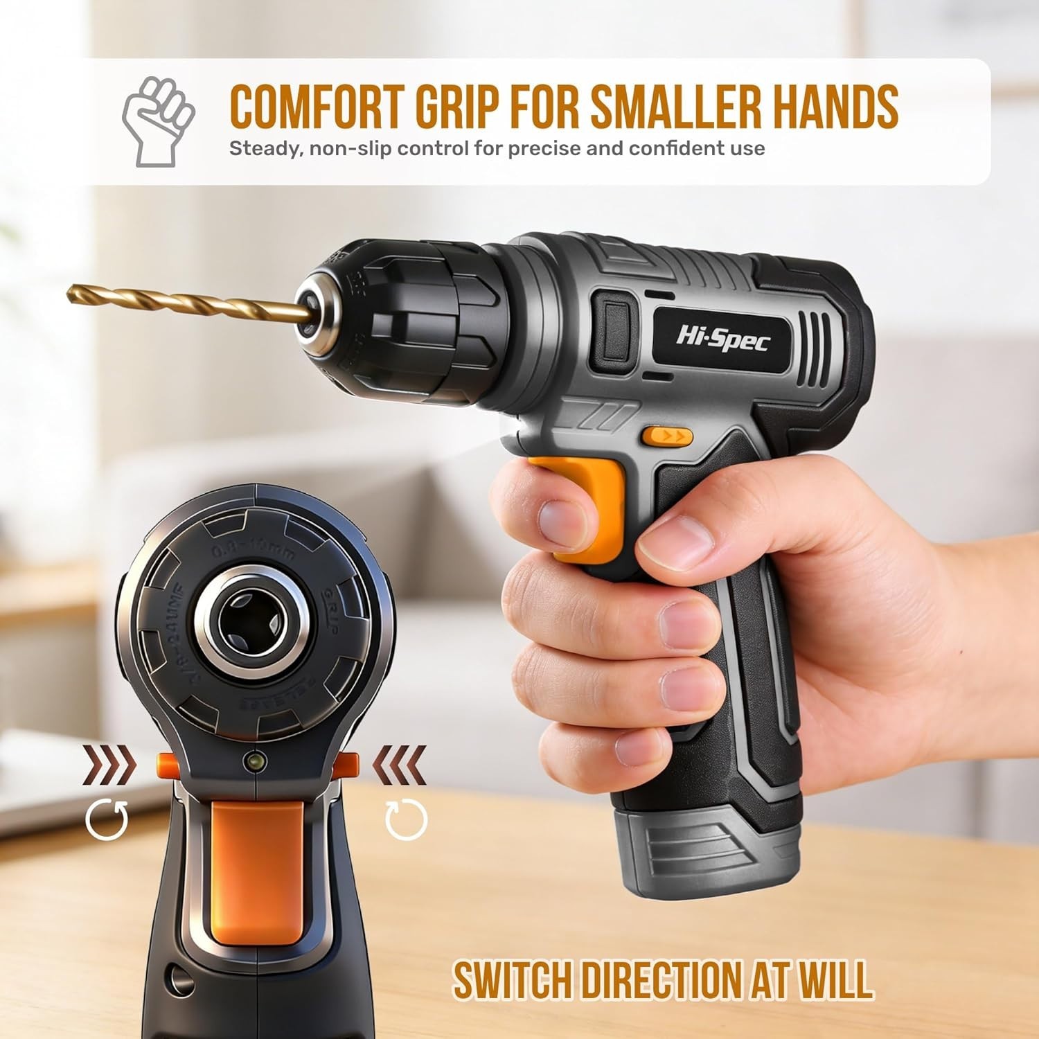 Hi-Spec 8V USB Cordless Drill Driver Kit w/ Bits Wall Hanging Set Grey