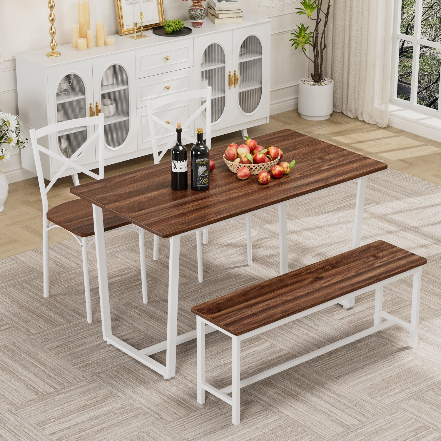 Modern 4-Piece Metal Frame Dining Set with Wood Kitchen Table & Bench & 2 Chairs