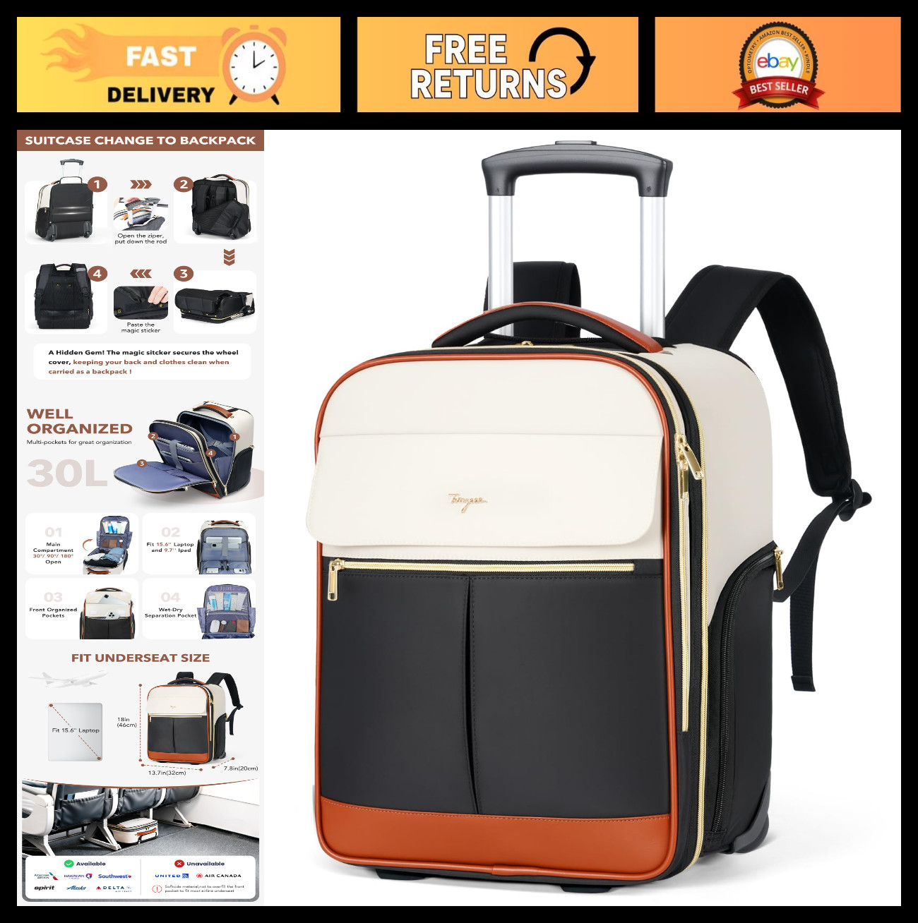 Large Rolling Backpack for Women, Wheeled Laptop Bag 15.6" - Travel Carry-On Sui