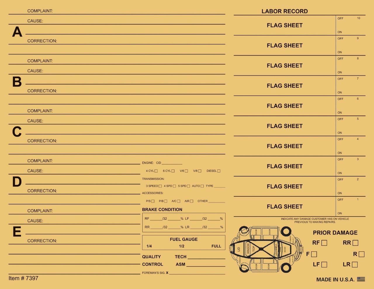 300 Automotive General Repair Order #7397 / Compatible w/ ADP Work Order System