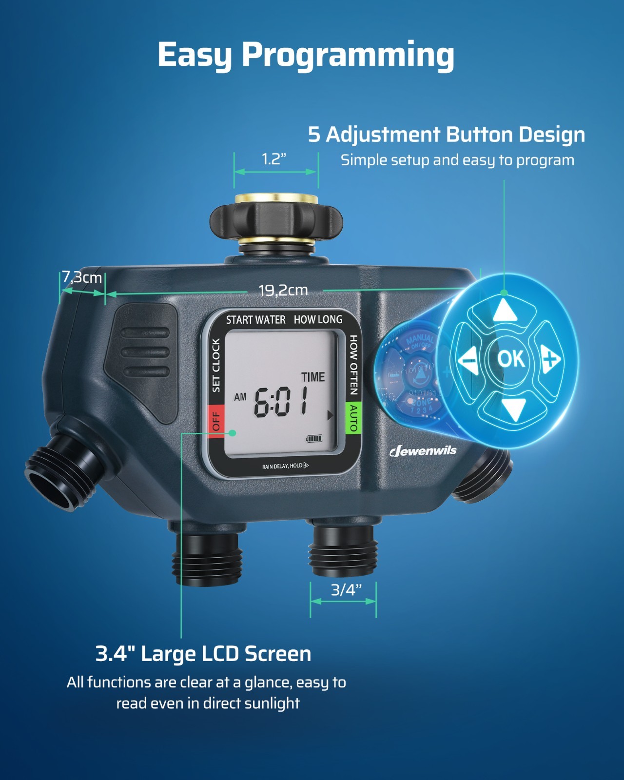 Sprinkler Timer 4 Zone Outdoor, Programmable Water Timer with Rain Delay Manual