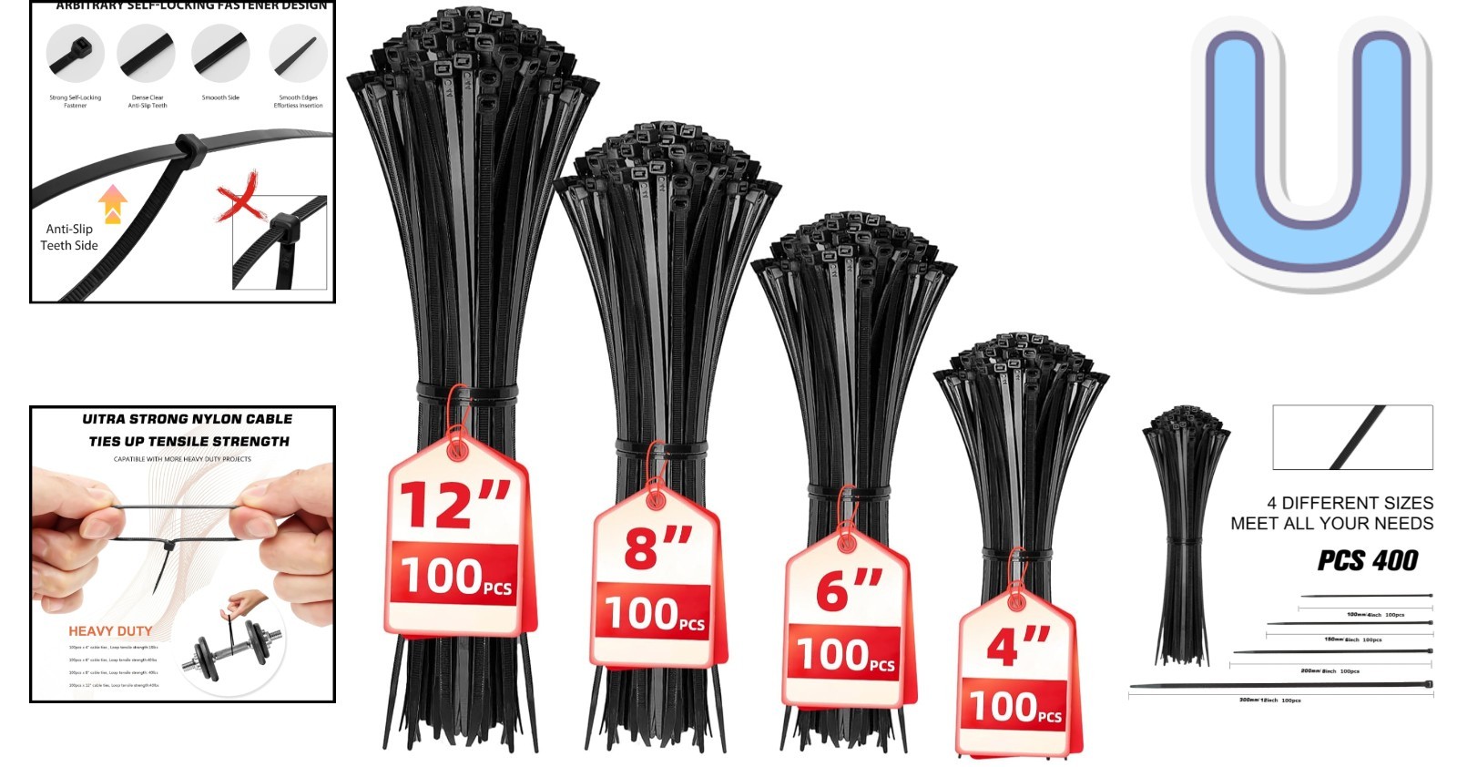 Versatile Self-Locking Black Cable Ties - 400 Assorted Sizes for All Needs