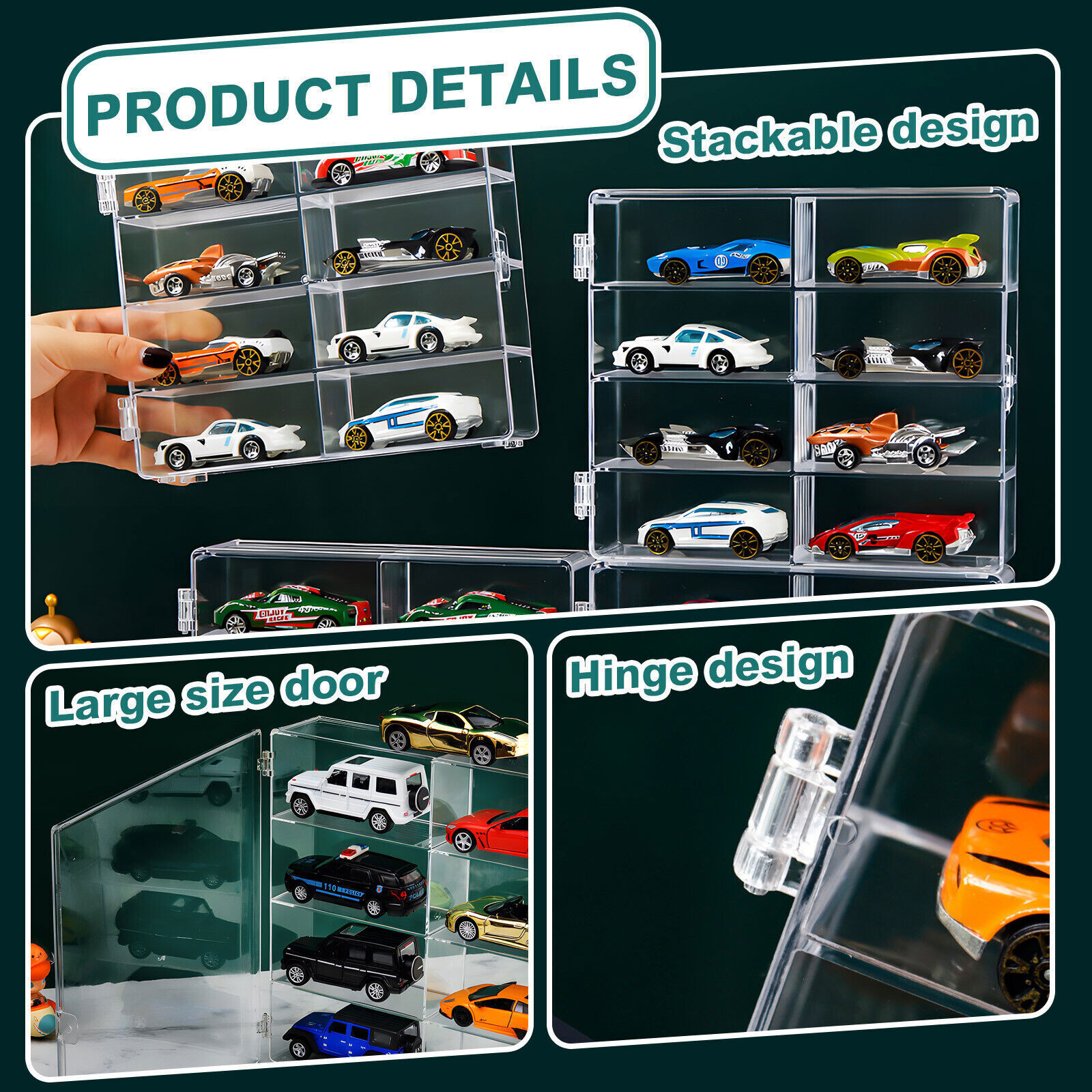 Model Car Diecast Display Case 1:64 Scale 8 Car Compartment with Locking Latch