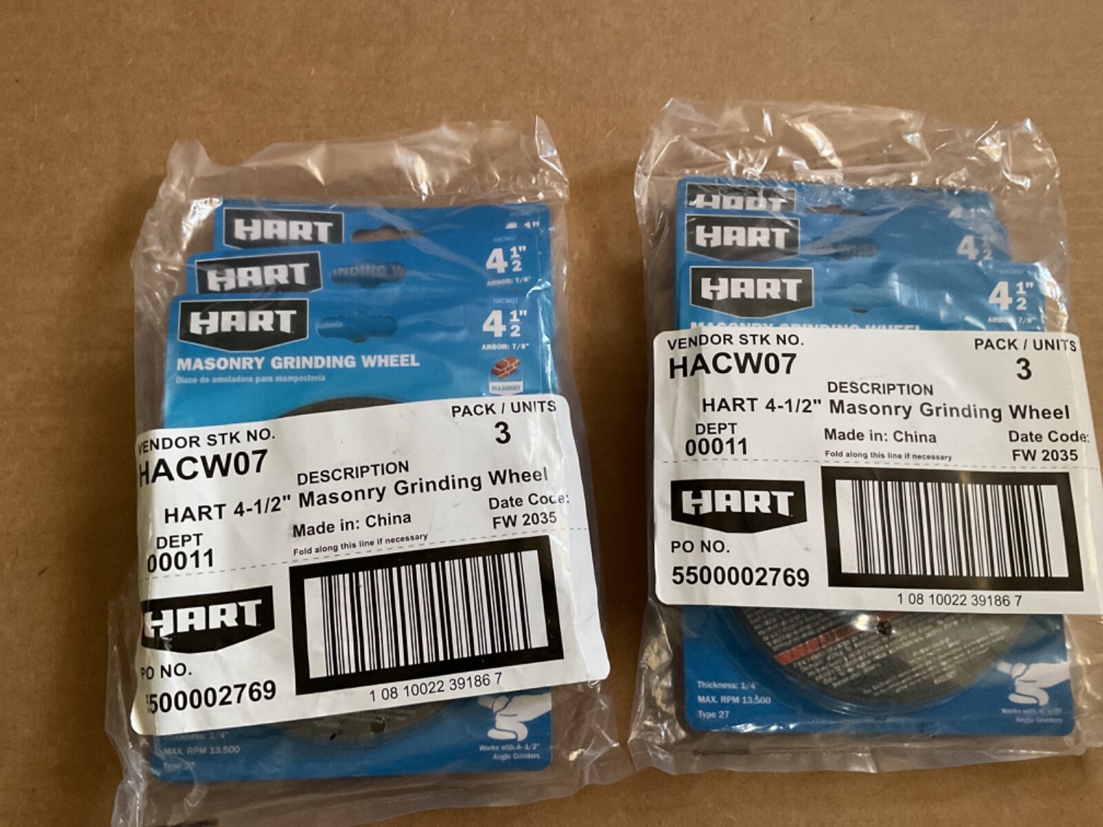 HART 4-1/2" MASONRY GRINDING WHEEL 1/4 Inch Thick