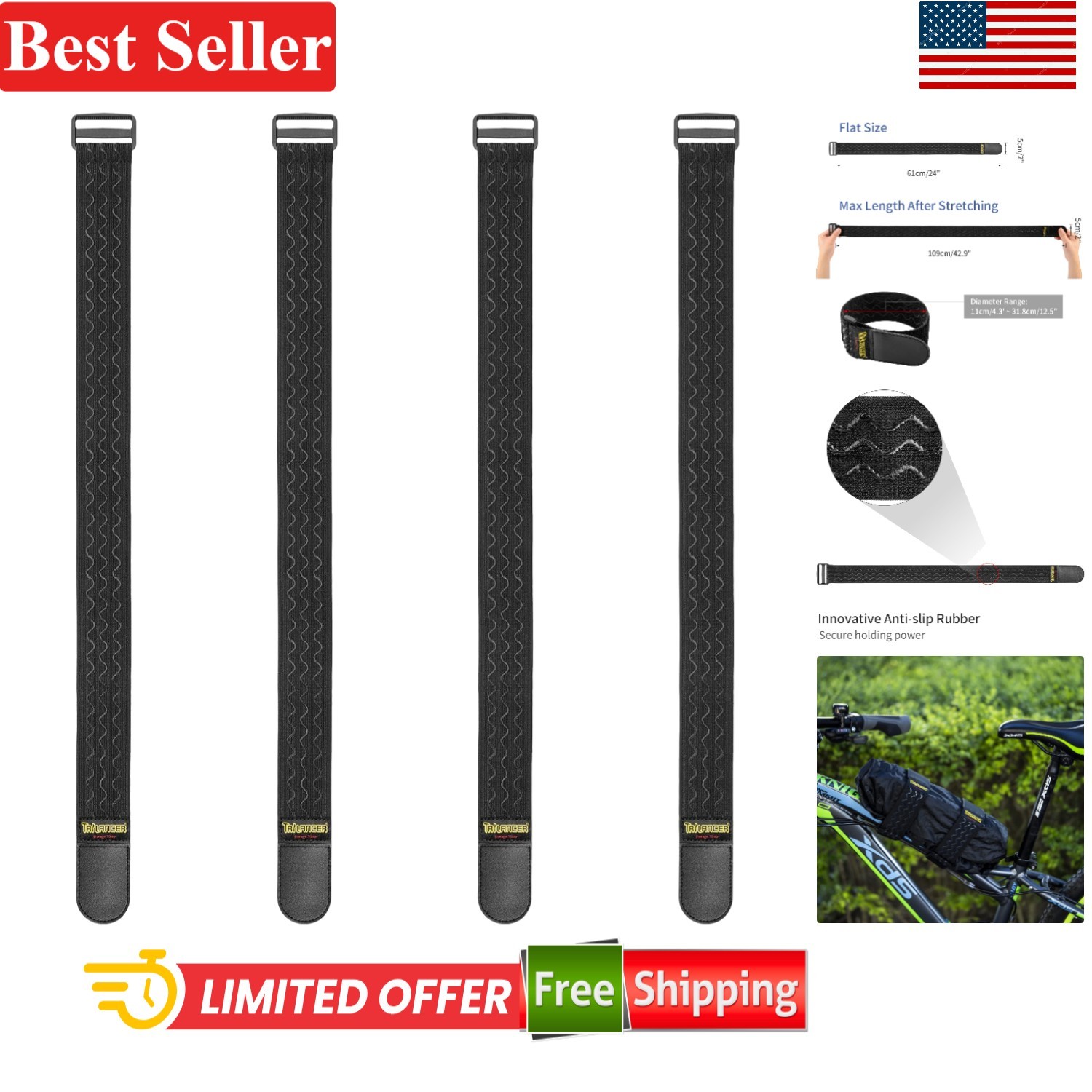 4 Pack Adjustable Elastic Cinch Straps - Anti-Slip, 24"x2" Bundling Solutions