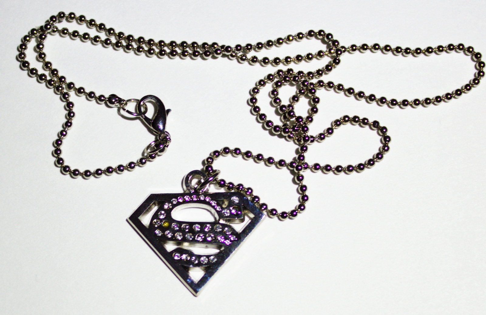 Superman S Chest Logo Silver Toned Stone Studded Metal Necklace NEW UNWORN