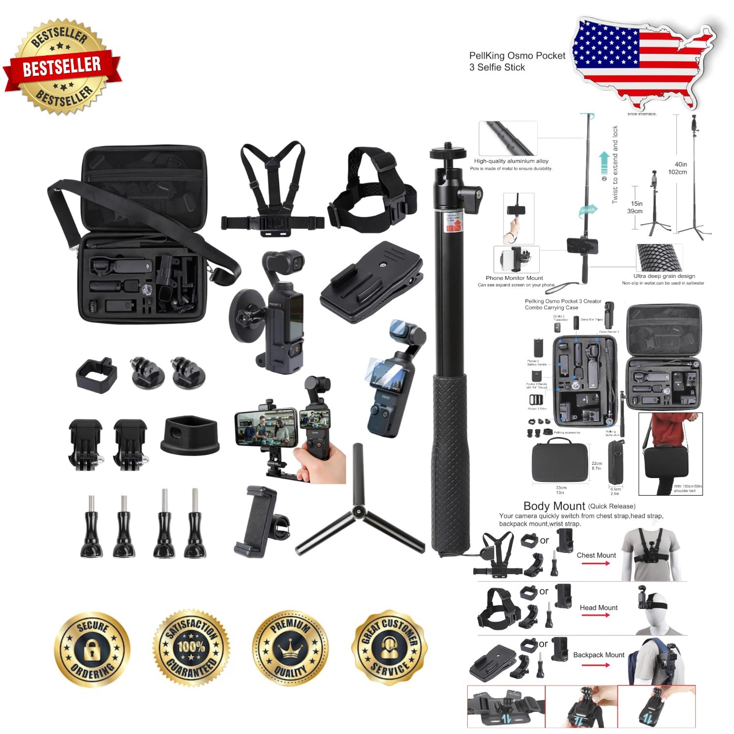 DJI Pocket 3 Accessory Bundle: 21pc Black Kit, Magnetic Mount, Selfie Stick