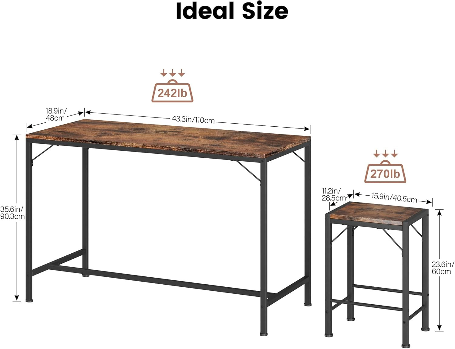 Bar Table and Chairs Set, Bar Table with 2 Stools, Space-Saving Dining Pub Set f