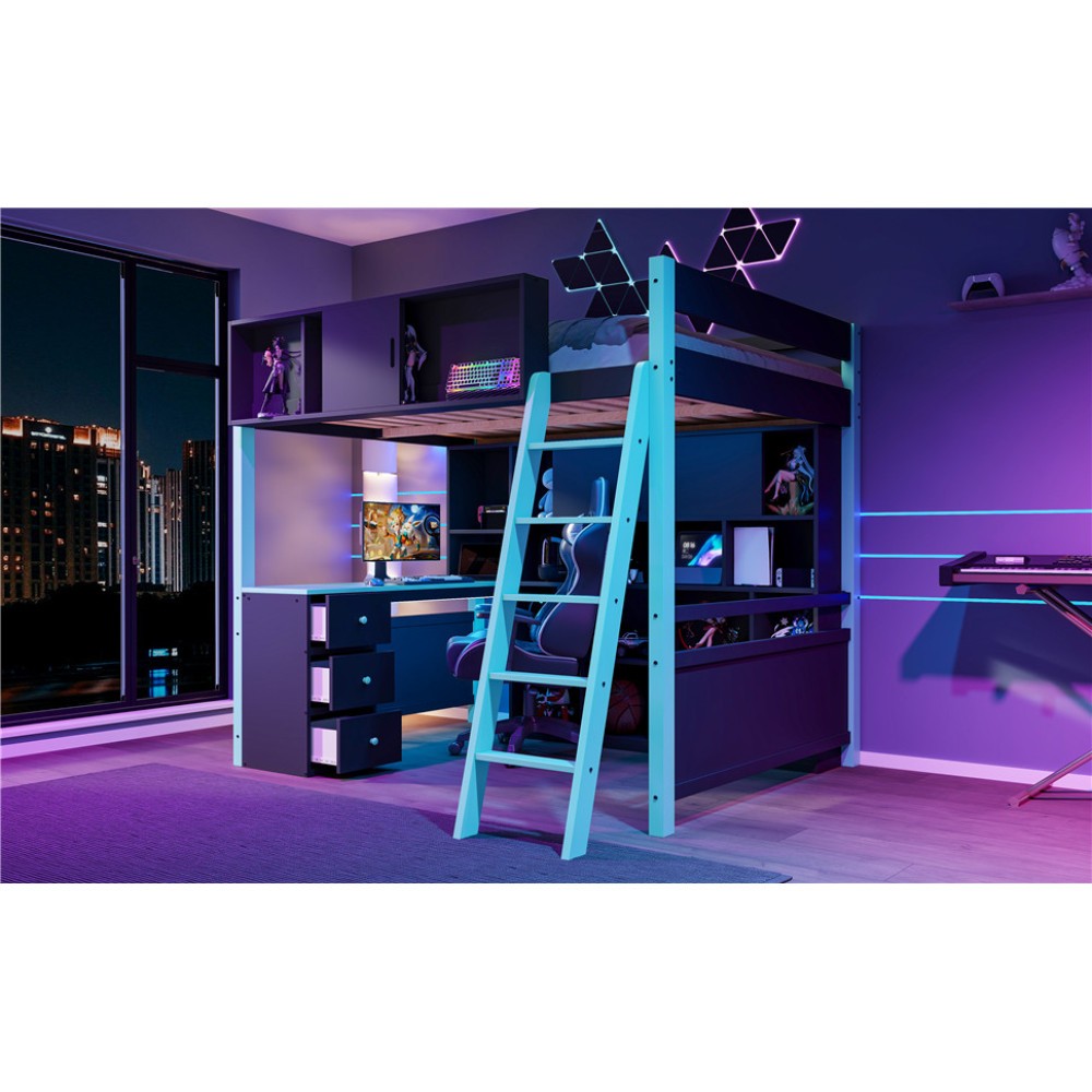 Full Size Wood Loft Bed with Desk, Ample Storage Space and Light Blue Bed Frame