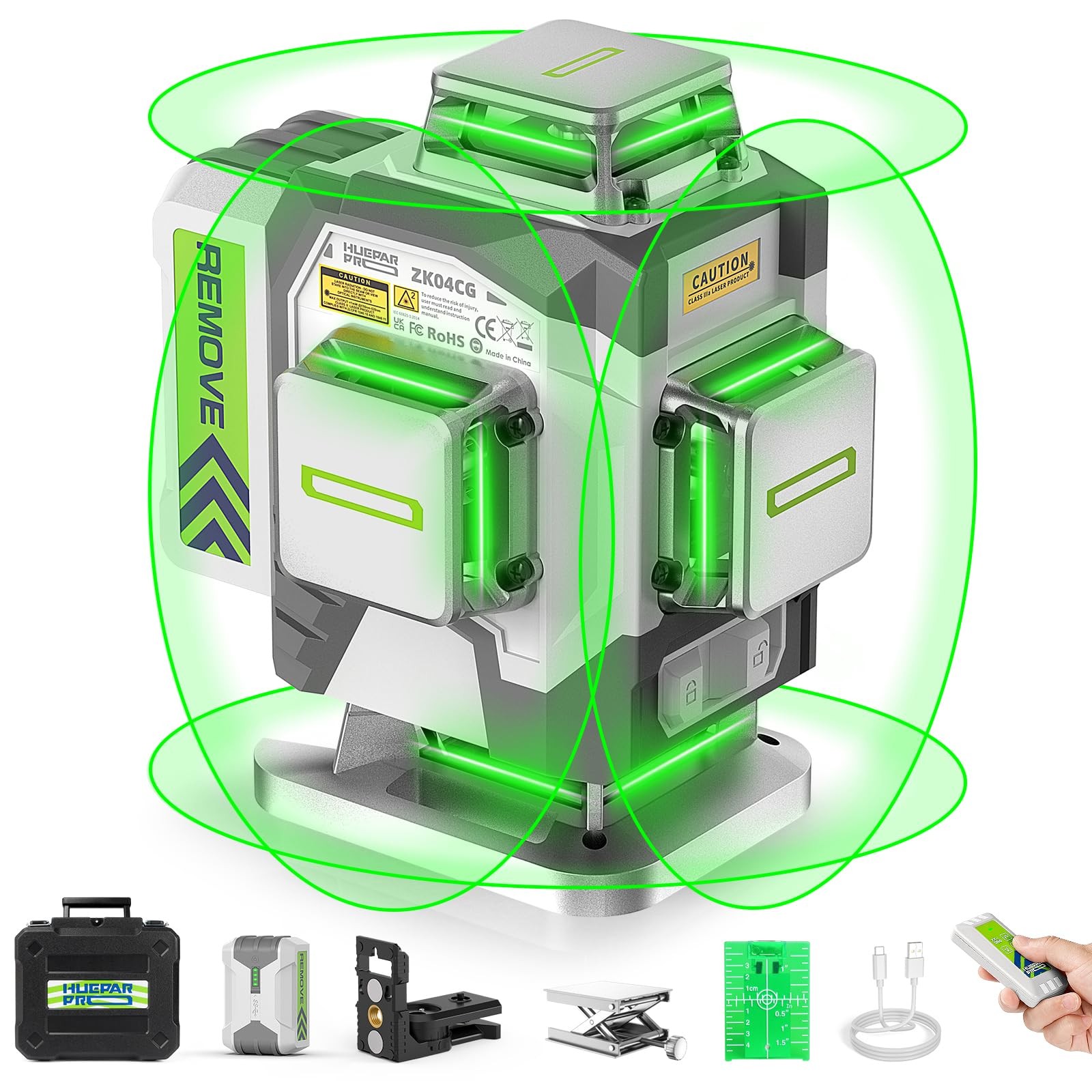 Laser Level Self Leveling 4x360 Green Beam 4D Tool Rechargeable Huepar Pro Cross