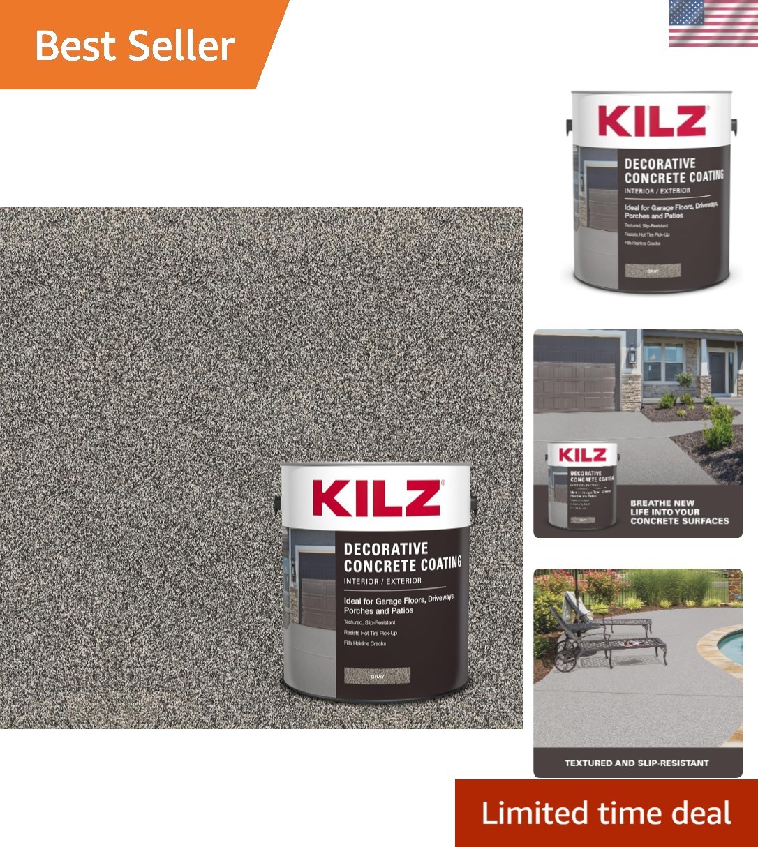 Slip-Resistant Decorative Concrete Coating – 1 Gallon Gray Paint for Interior...