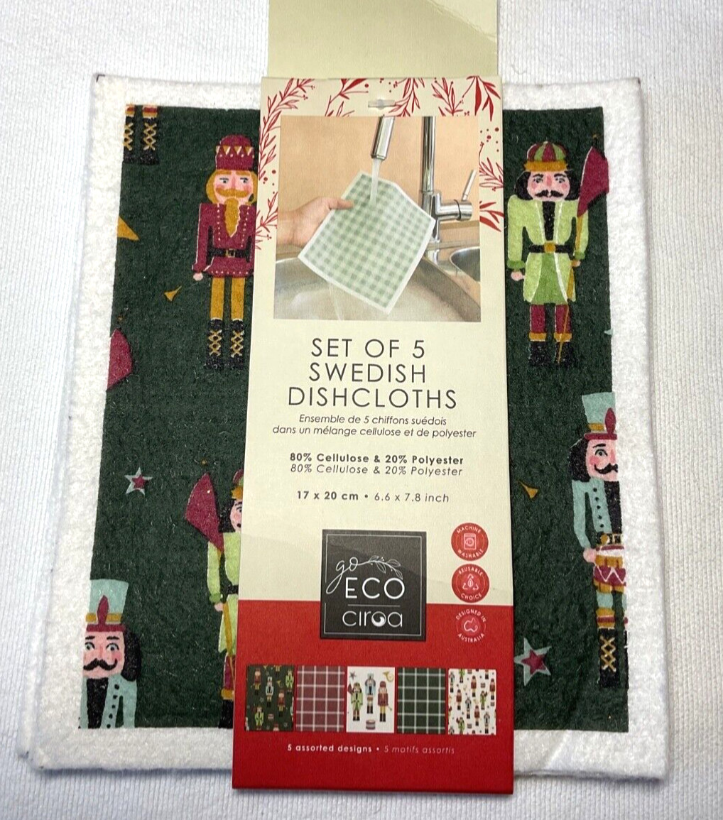 ECO CIROA Swedish Dish Cloths Set of 5 NUTCRACKERS CELLULOSE POLYESTER NIP
