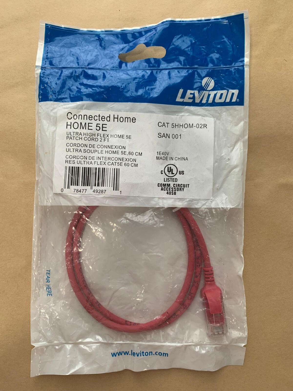 Leviton Connected Home 5E Ultra High Flex Patch Cord 2' 5HHOM-02R SAN001 1E40V