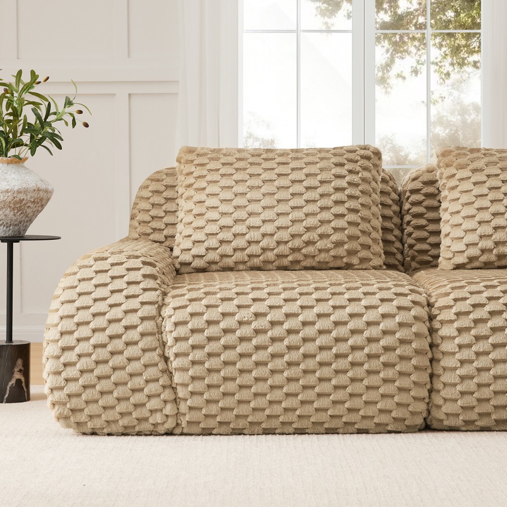 114" L-Shaped Modular Sectional Sofa w/ Ottoman, Flannelette, Light Camel