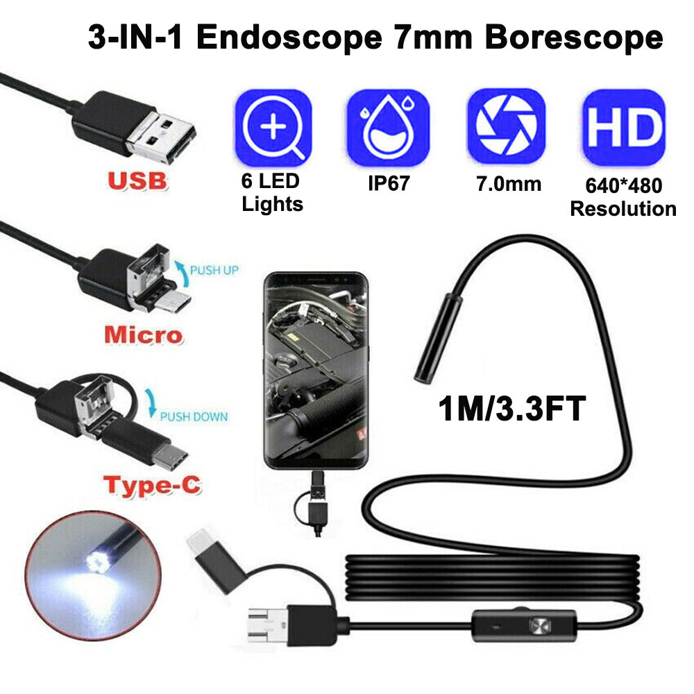 1M Endoscope Camera with Light HD Borescope Waterproof Inspection Snake Camera