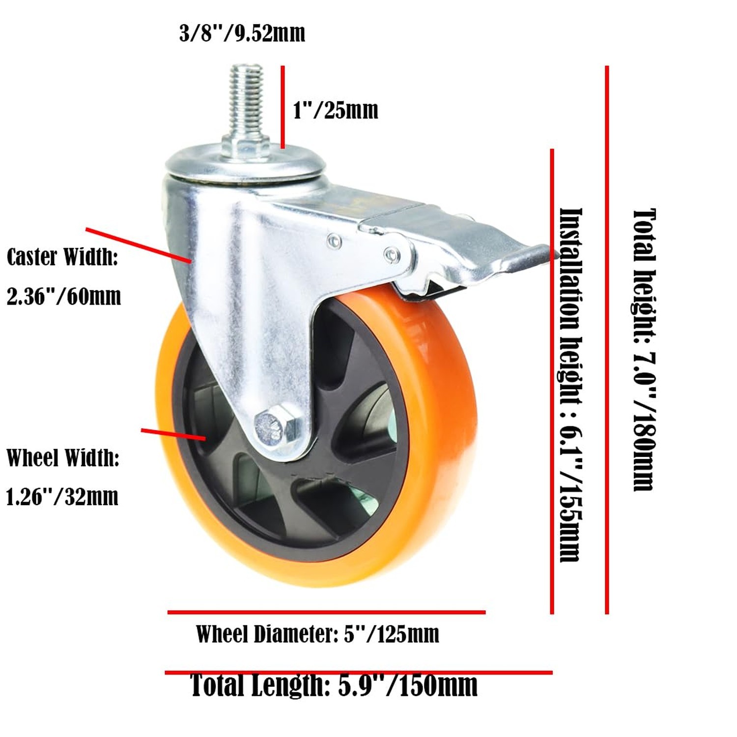 Stem Casters Heavy Duty Casters Swivel Threaded Stem Caster Wheels with 3/8"-...