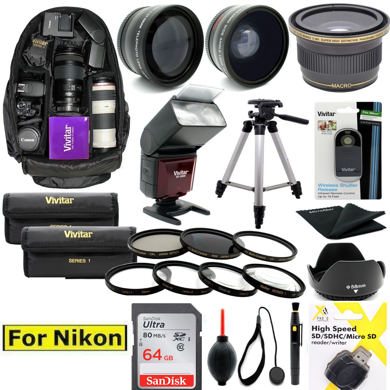 NIKON D300 D3100 D3200 D3300 PREMIUM 64GB HD ACCESSORY KIT FLASH LENSES BACKPACK