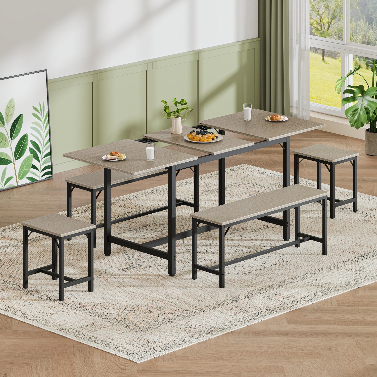 5 Piece Extendable Dining Table Set Wood Tabletop Steel Frame 2 Benches 2 Stools