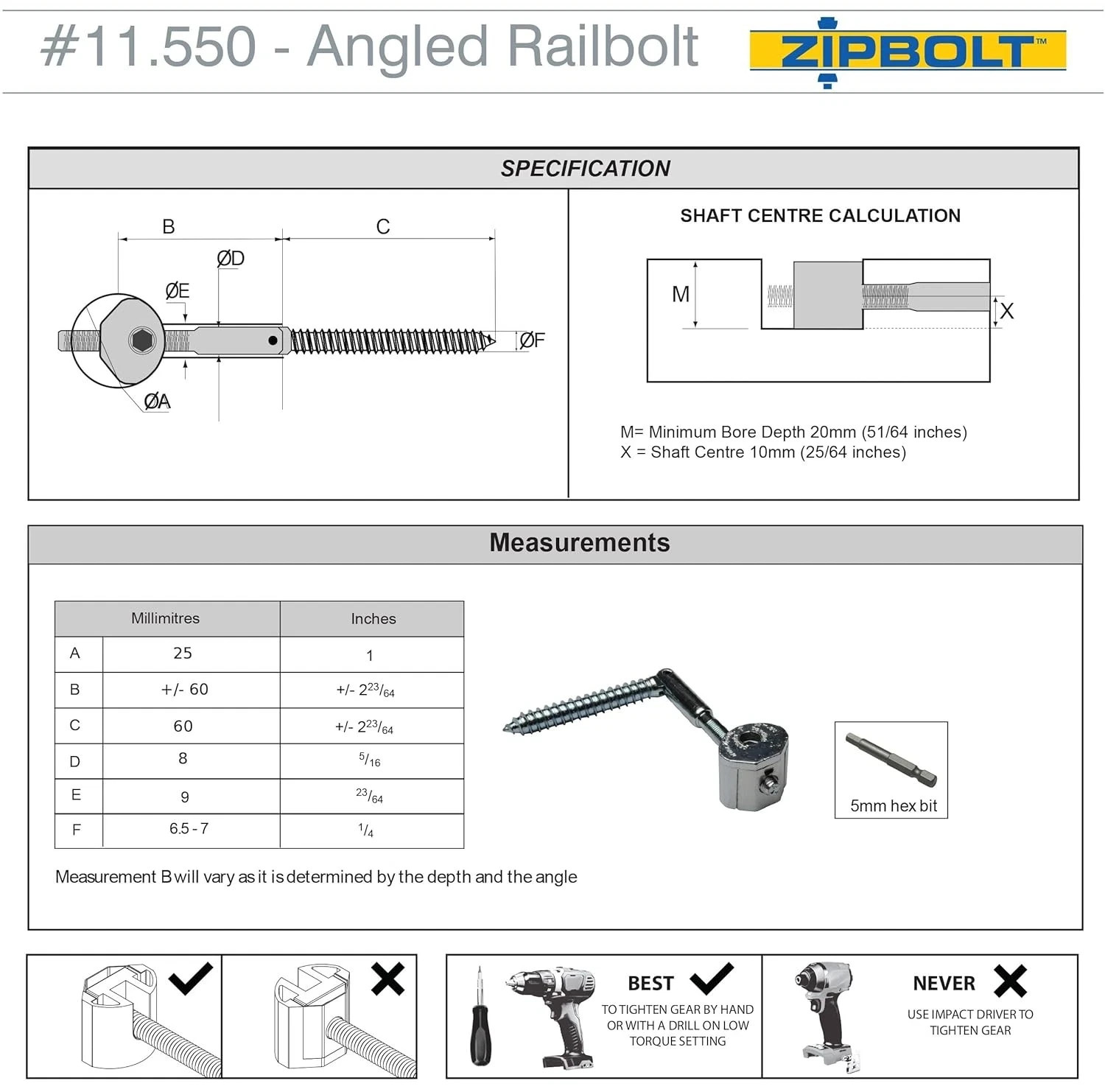 Zipbolt 11.560 Angled Railbolt — Staircase Handrail 1 Pack, Metallic