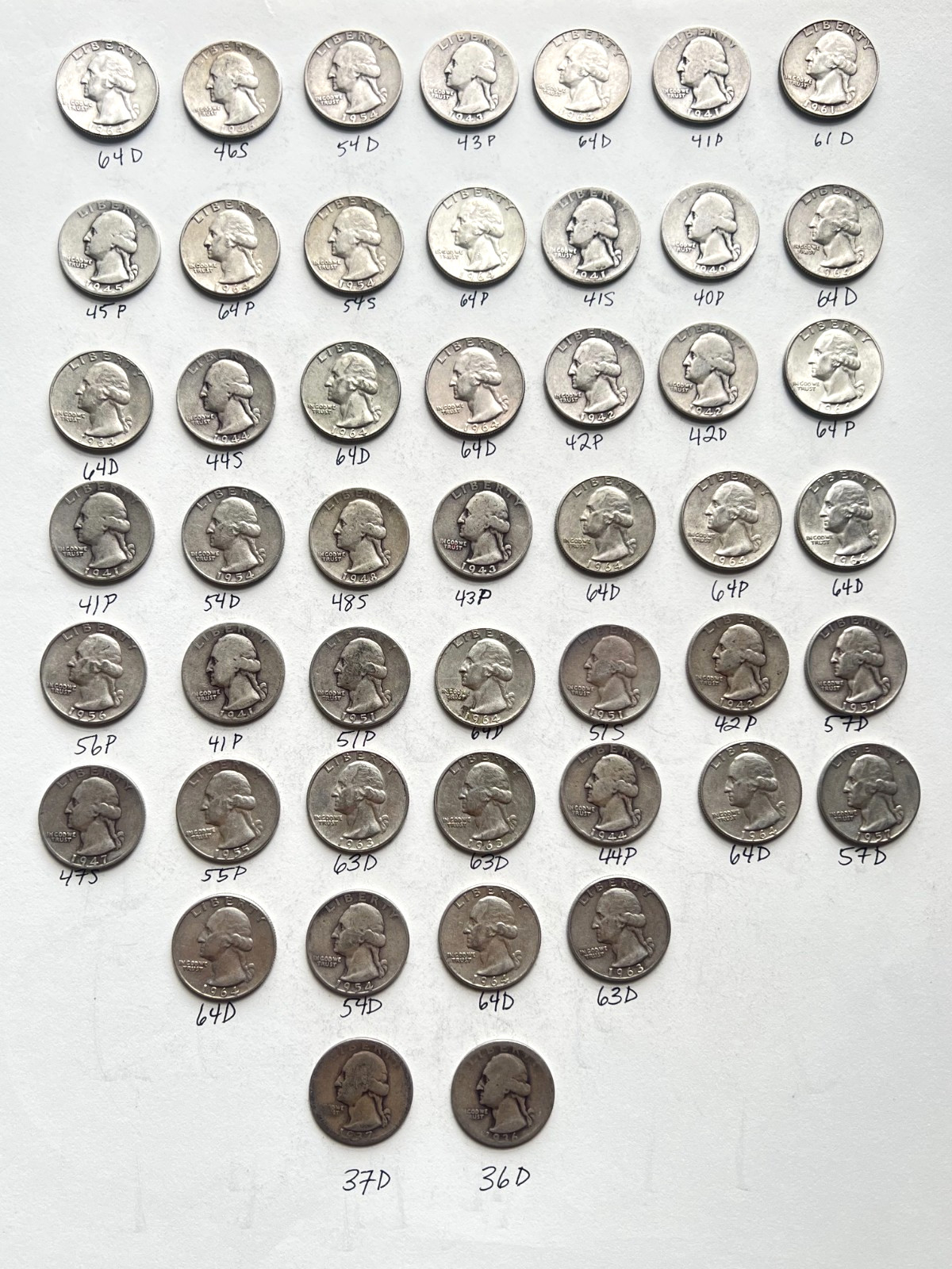 Lot of 43, Washington Quarters 90% Silver Lot Pre-65,36-D, 37-D, +Insurance/Ship