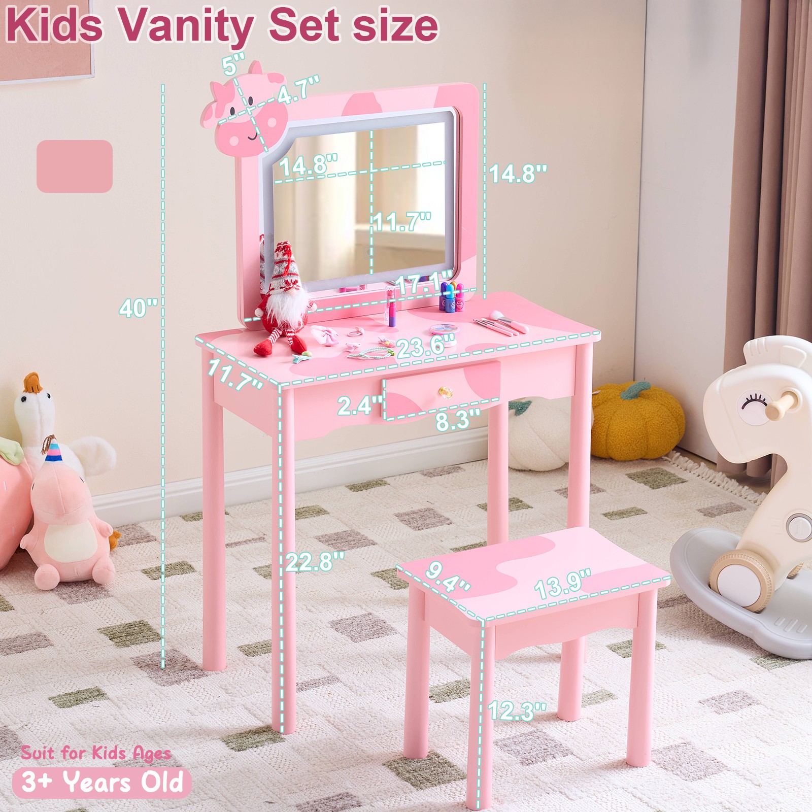 Pink Zebra Pattern Makeup Table with Solid Wood Base - Statement Dressing Statio