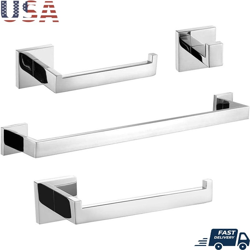 4 Piece Polished Chrome Bathroom Accessories Stainless Steel Towel Bar Set New