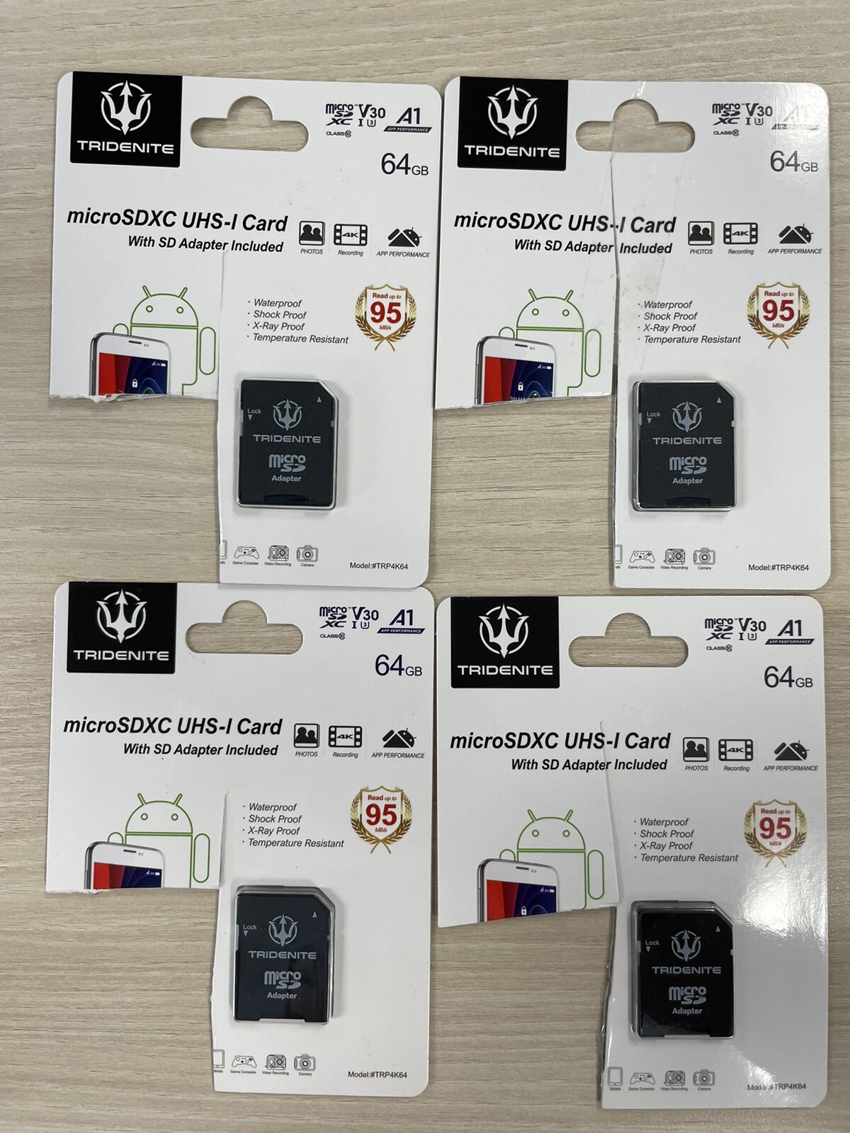 Lot of (4) Tridenite microSDXC UHS-I Cards w/ Adapters 64GB 95MB/s - New