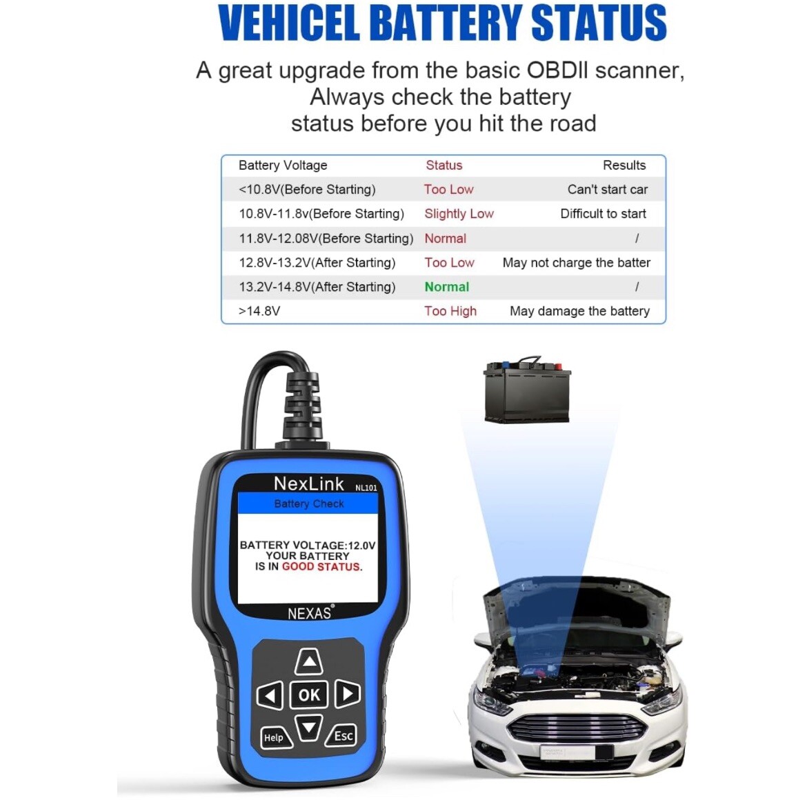 NL101 OBD2 Scanner Diagnostic Tool + Car Battery Test Check Engine Light