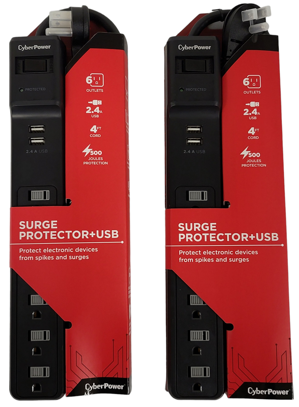 (2 PACK) CyberPower 6 Outlet 4' Power Cord Home Office Surge Protector + USB