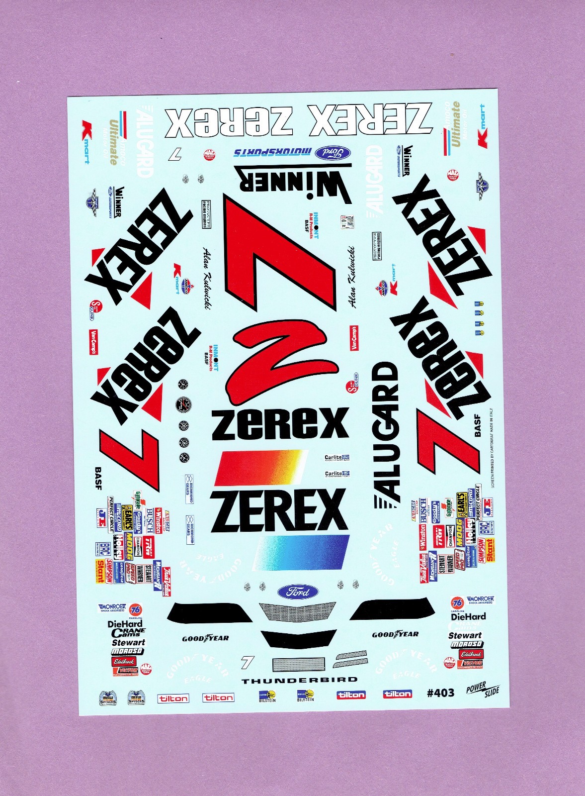 1/24 POWERSLIDE 1987-88  #7 ALAN KULWICKI ZEREX FORD THUNDERBIRD NASCAR DECAL