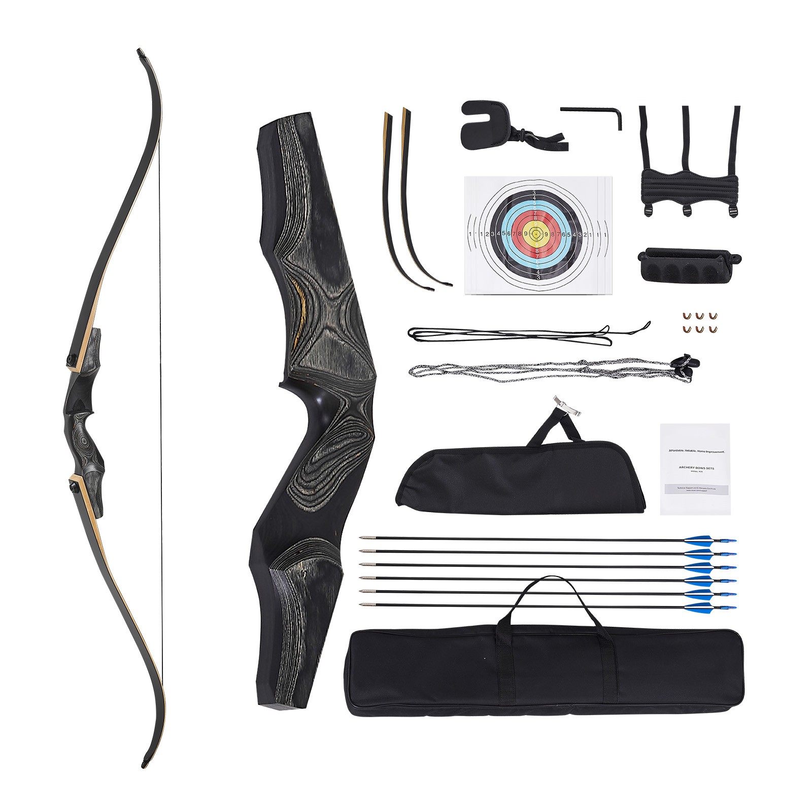 Uimoso 60in Wooden Recurve Bow Kit for Right-Hand Hunting Practice, 50lbs