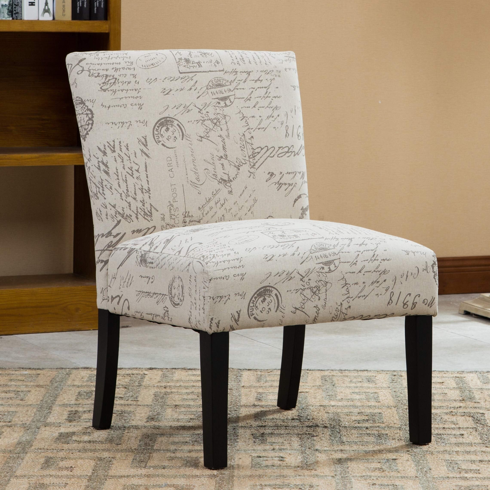 English Letter Print Fabric Armless Accent Chair Beige Cream Floral Casual