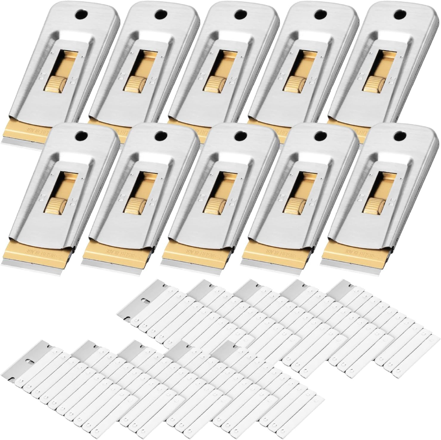 10-Pack Metal Razor Blade Scraper Set with 100 Extra Blades – Heavy Duty Tool