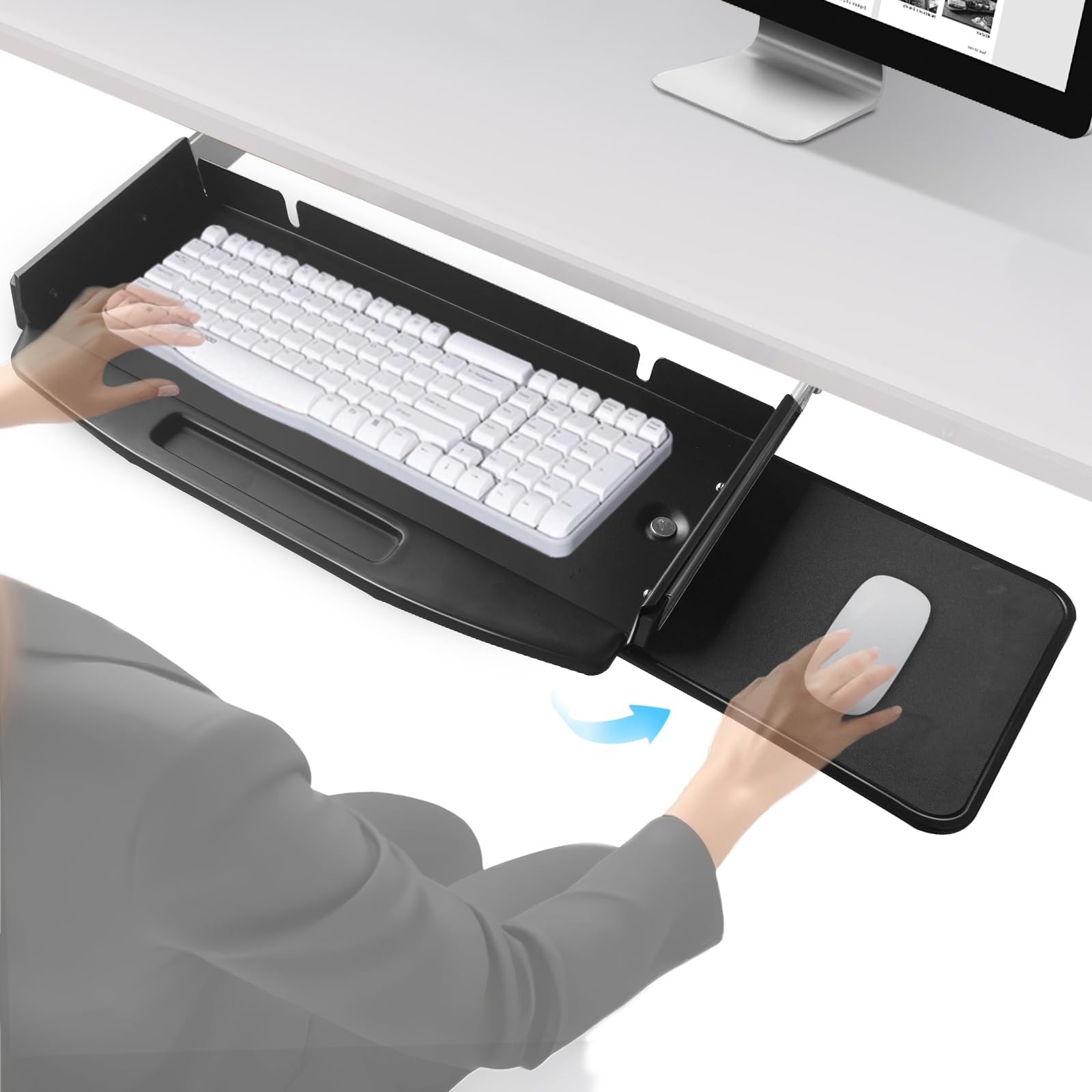 Solid Steel Under Desk Keyboard Tray Slide Out with 360° Rotating Platform,Ke...