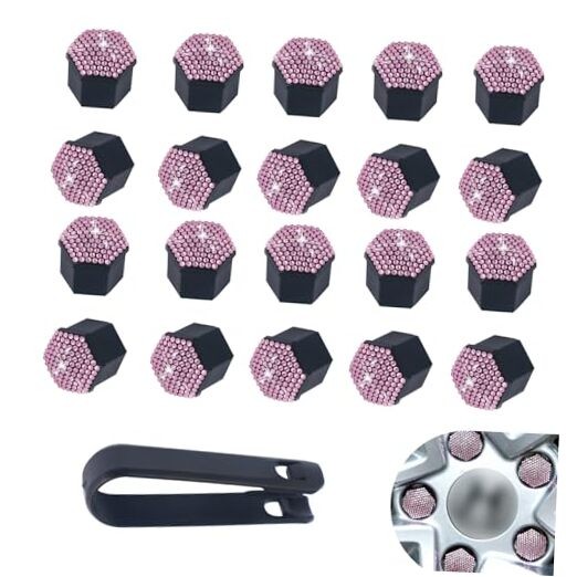20 PCS Bling Crystal Wheel Lug Nut Covers Wheel Center Bolt Caps with 21mm Pink