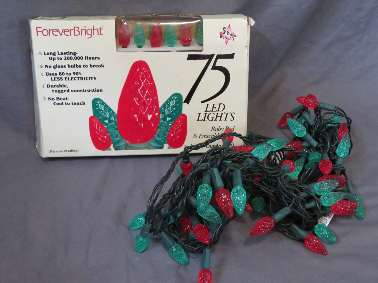 Vintage 2 Sets of Forever Bright Christmas Faceted C-6 75 LED Lights Red & Green