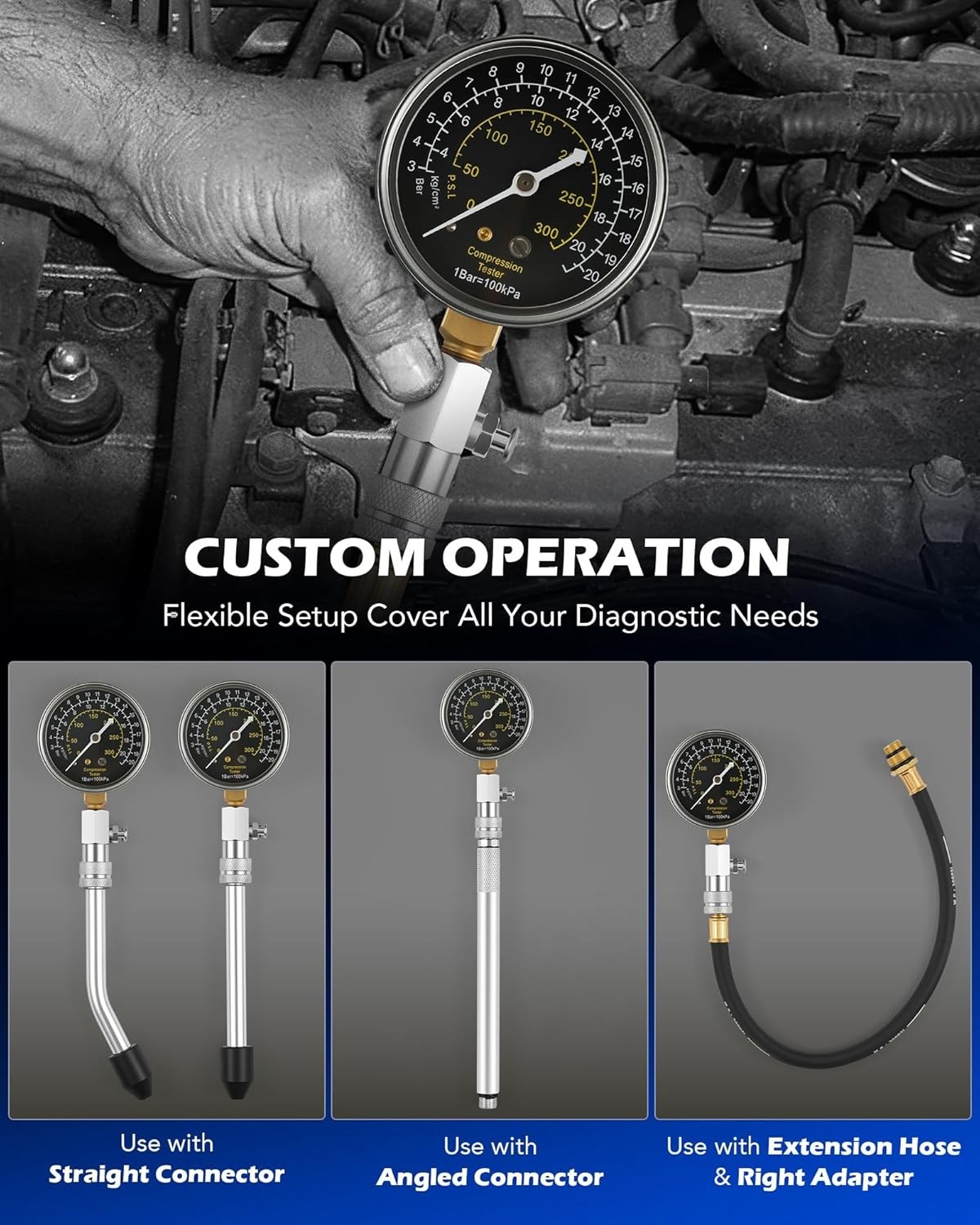 Complete Cylinder Compression Tester Set - Spark Plug Tester & Precision Gauge