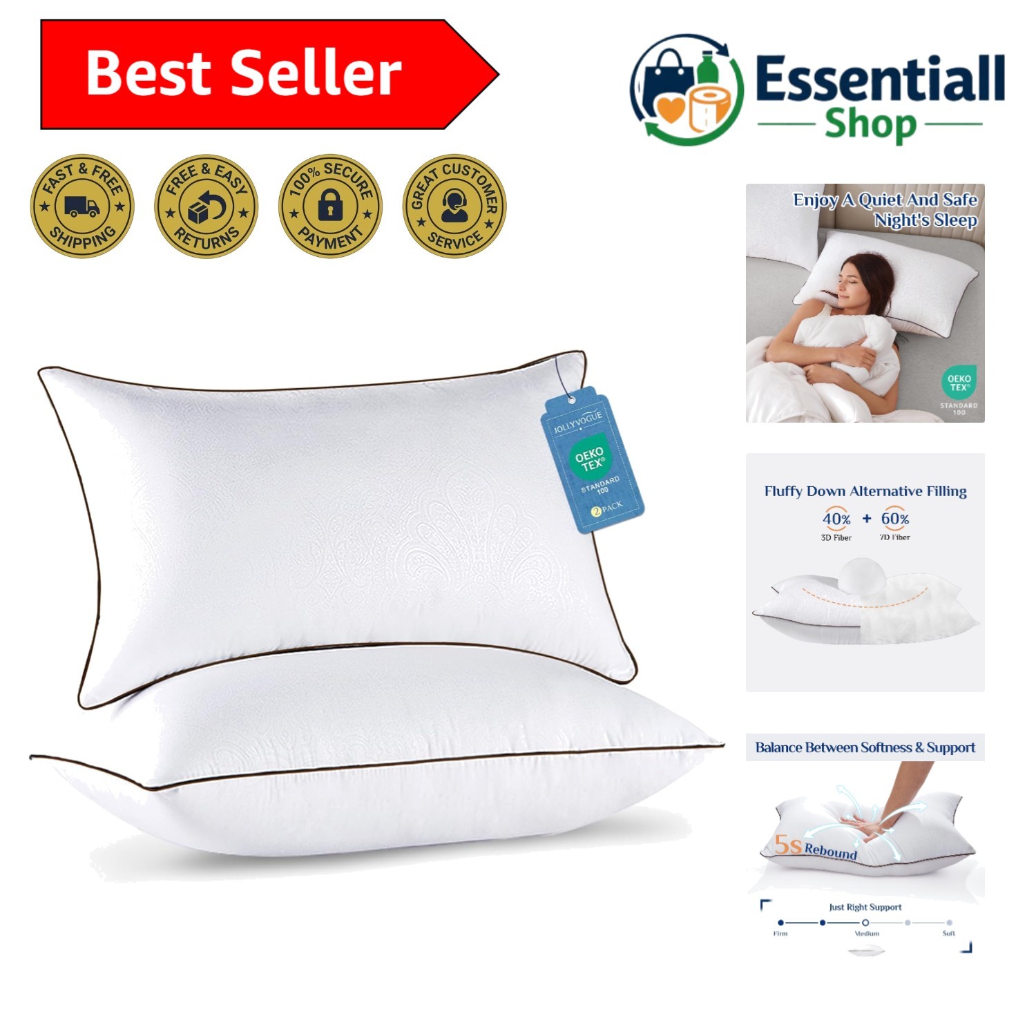 Modern Queen Size Pillow Set of 2 - Soft, Cooling, and Durable Bed Pillows