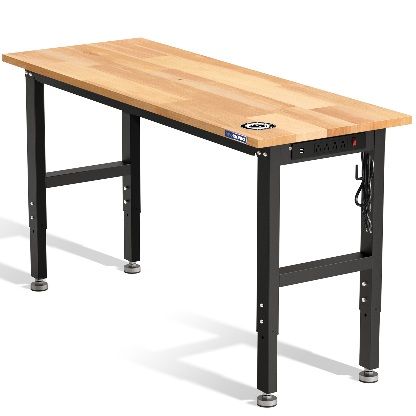 WORKPRO Adjustable Garage Workbench60x24Rubber Wood Top Heavy-Duty Power Outlets
