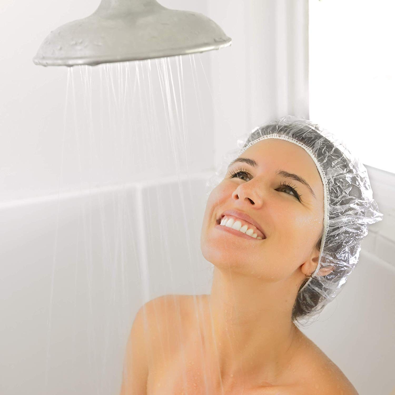 Auban 30PCS Disposable Shower Caps, Plastic Clear Hair Cap Large Thick