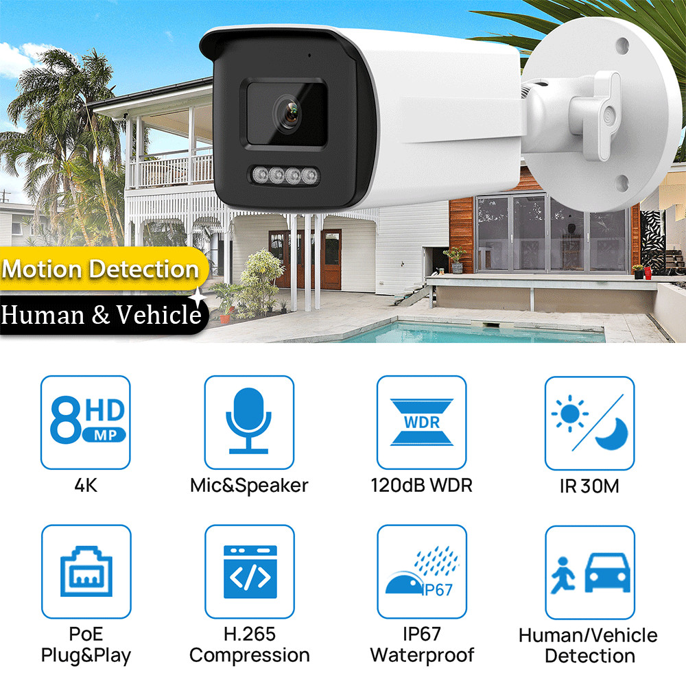 6PCS/SET VIKYLIN 8MP 4K IR Bullet Security Camera Motion Detection Built-in MIC