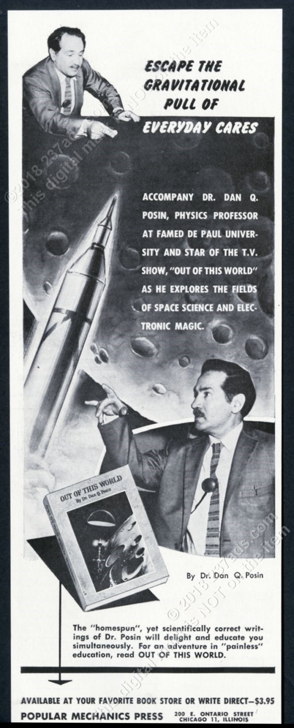 1959 Dan Q Posin photo moon rocket art Out Of This World book release print ad