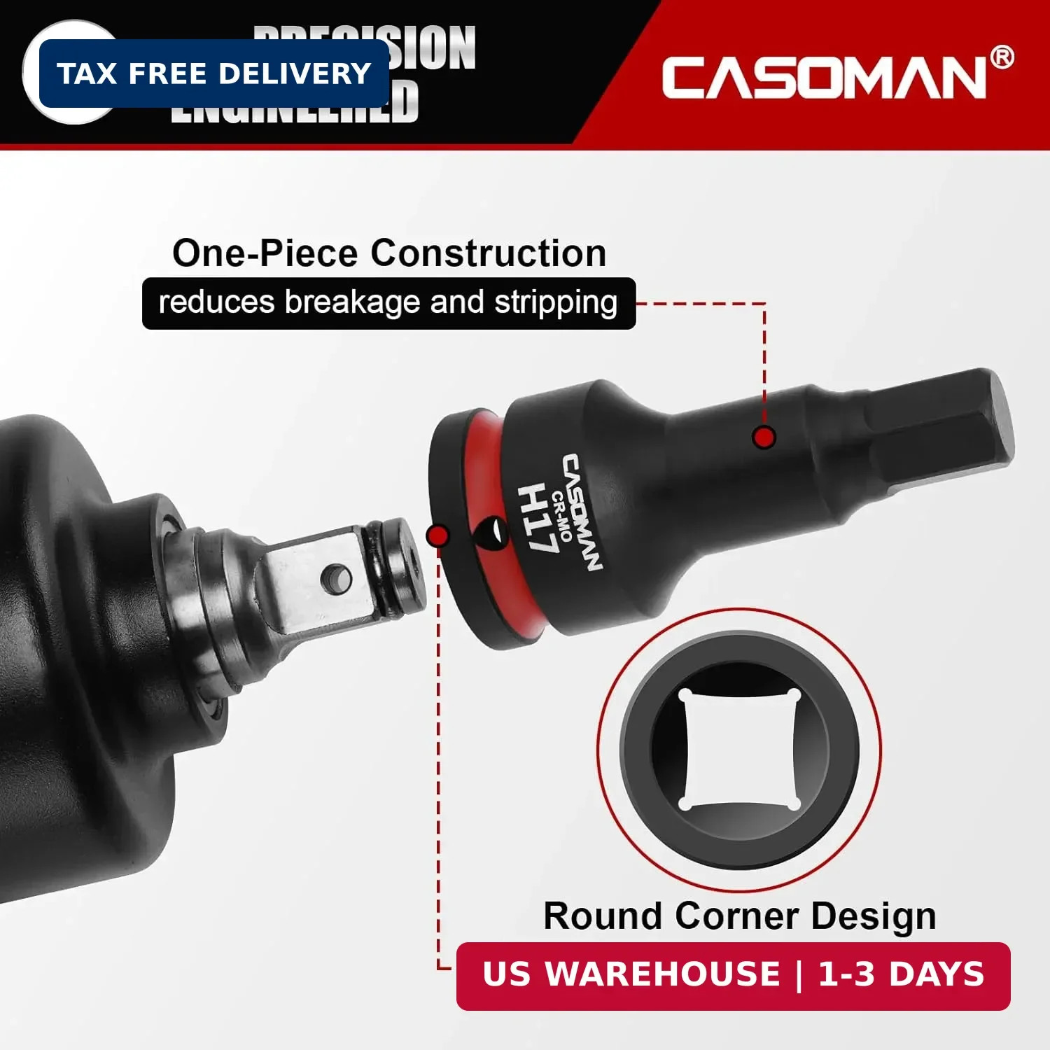 CASOMAN 3/4" Drive Large 17mm Impact Hex Bit Socket, One-Piece H17 Allen Socket