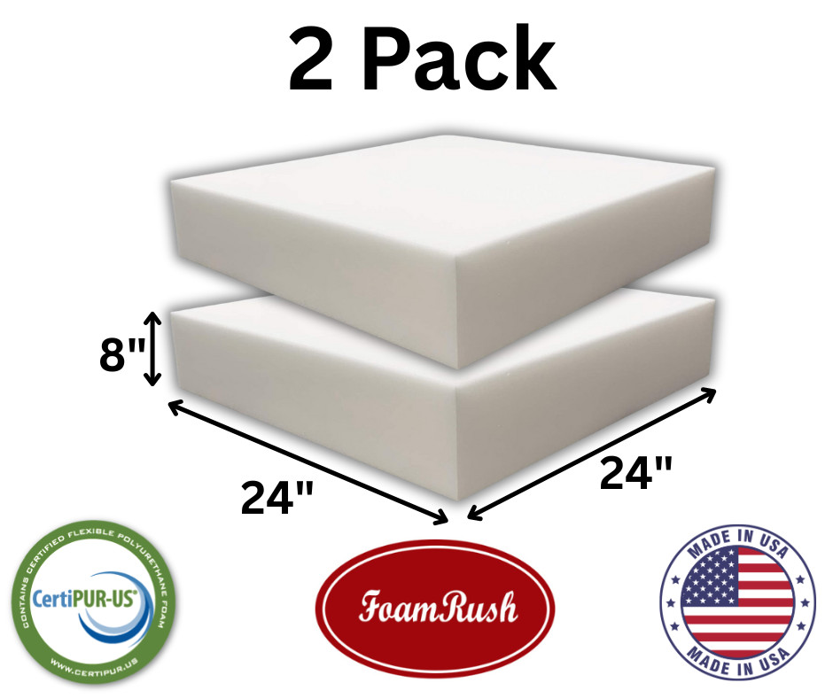 FoamRush 2 Pack 8" x 24" x 24" High Density Upholstery Foam Seat Cushion USA