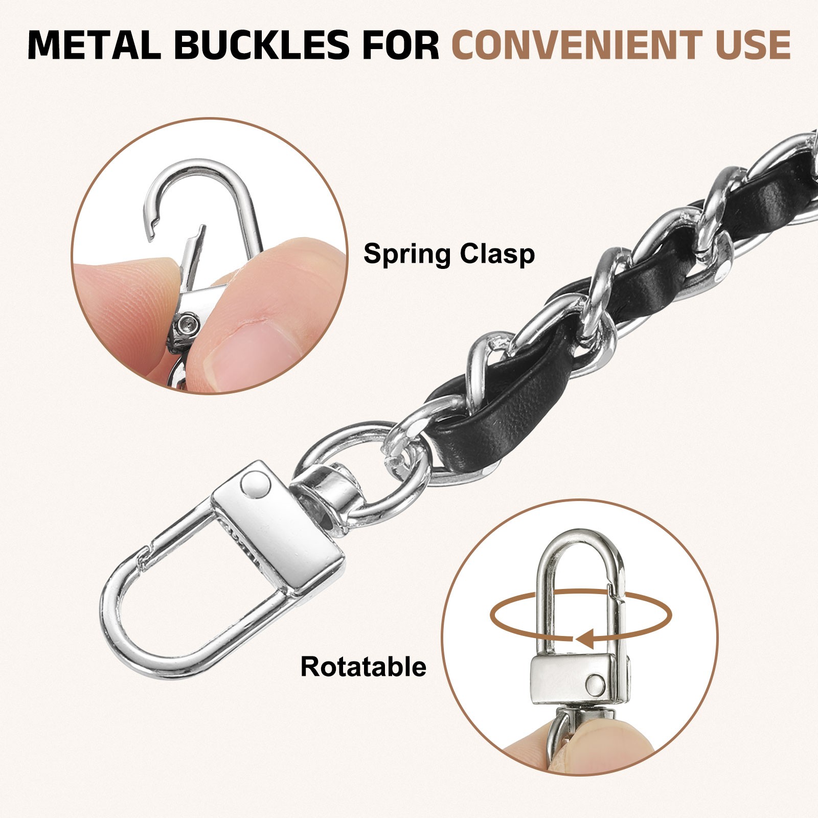 2Pcs 12" Purse Chain Strap with Buckle for Bags(Black, Silver)